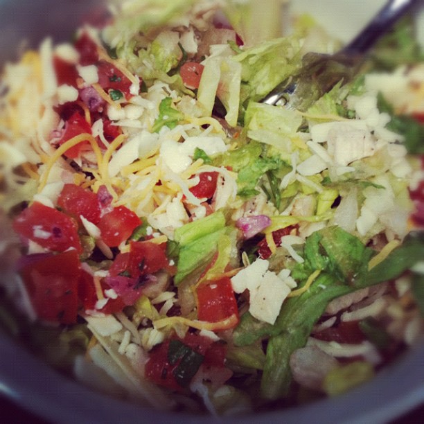 Yummy salad for lunch -- lettuce, grilled chicken, sharp white cheddar and fresh pico de gallo. #somethingimade #photoadaymay