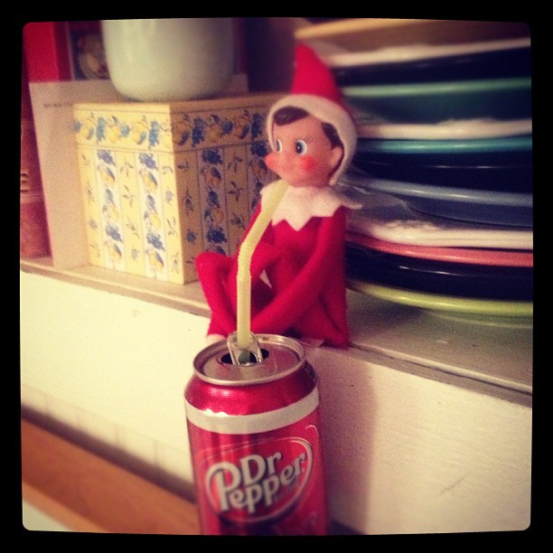 Day 3: Swiping mommy's Dr. Pepper! #thedailyscout #elfontheshelf #scenesfromtherockhouse