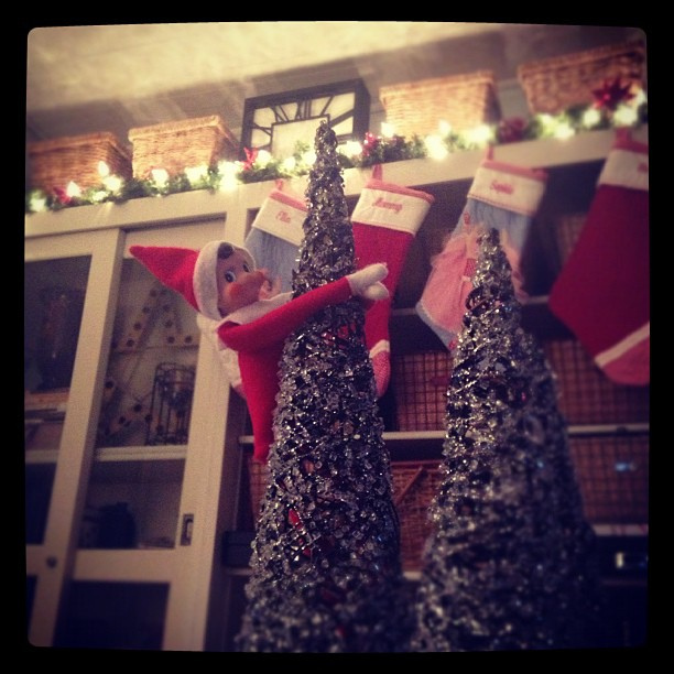 Day 9: Scout was excited to see our house in finally decorated! #thedailyscout #elfontheshelf #scenesfromtherockhouse