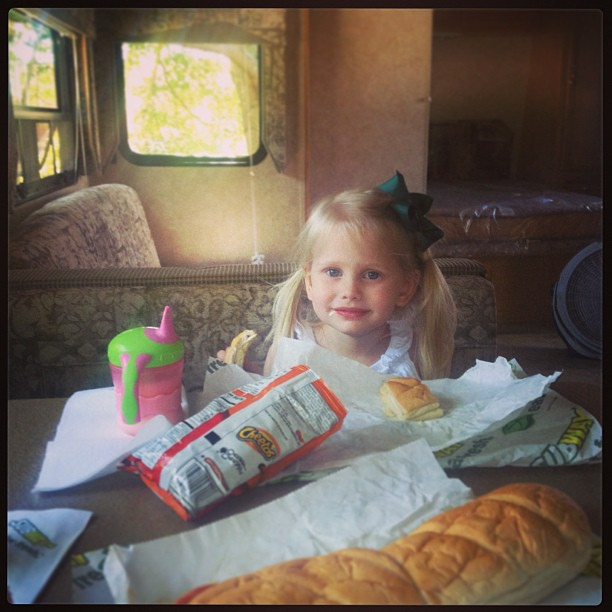 Mission complete: We're eating lunch in a camper... in OUR BACKYARD!! #letsgotothebeach