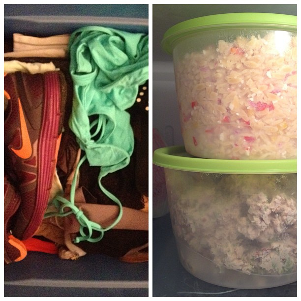 Packing for the beach... swimsuit, running shoes, chicken salad & pasta salad. #priorities