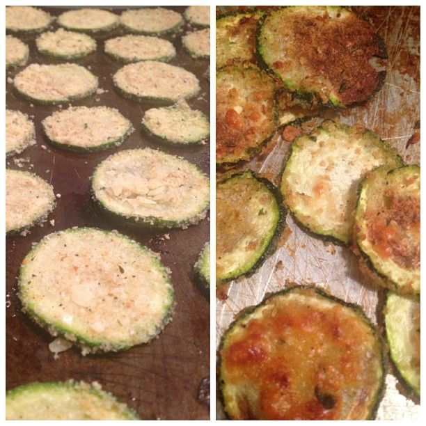 Before & after: baked zucchini chips. AMAZING.