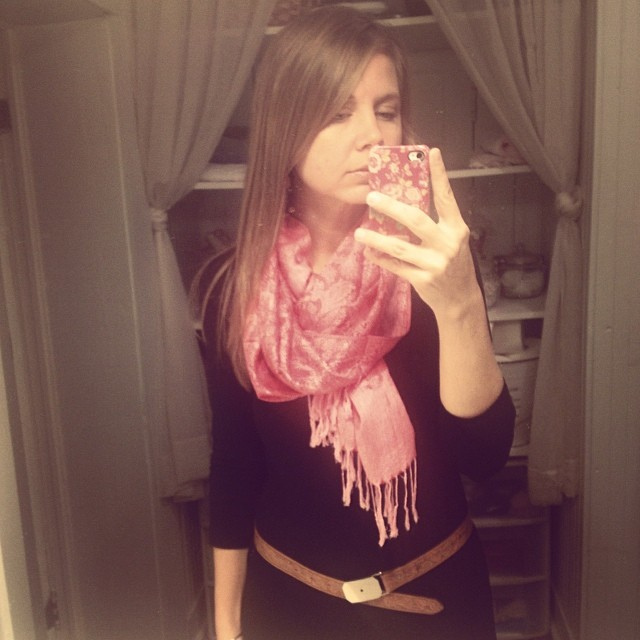 No awkward hand placement today, friends :). Just a pretty pink scarf my boy brought back from the big city.