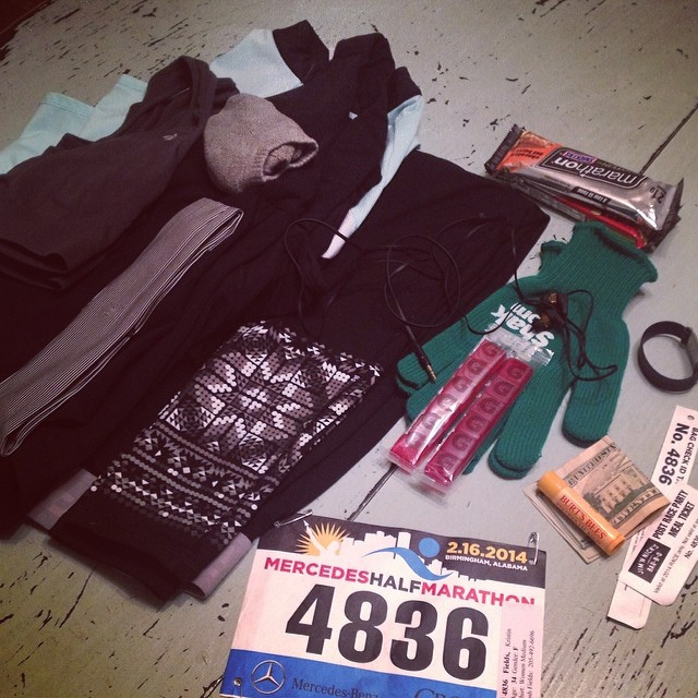 Gear organized and carbs inhaled... Is it bedtime yet?! #halfmarathon #halfmarathontraining #mercedesmarathon2014