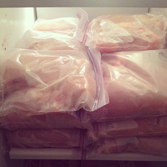 Wanna talk exciting Saturday nights? I just put up 40 of the BIGGEST chicken breasts I've ever seen in my life. // 1+ pound each // $1.99 per pound // farm fresh // never frozen // For comparison's sake, I have a pair of breasts from Publix in the freezer