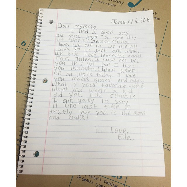 Day 7/365: LOVING Ella's writing journal! They are writing letters to parents and grandparents each week and we are getting to write them back. Words like this are always good for a mama's heart. #tazandbellyhappen