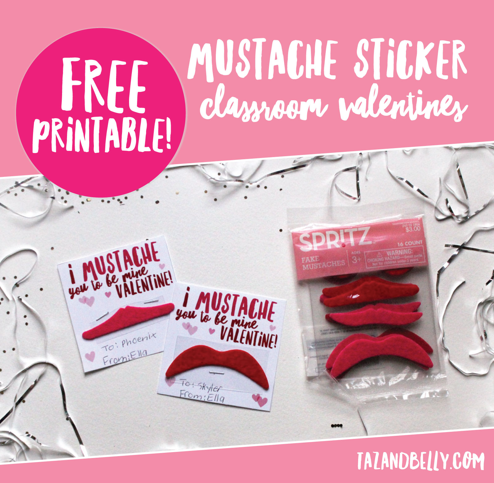 Mustache Sticker Printable Valentines | tazandbelly.com