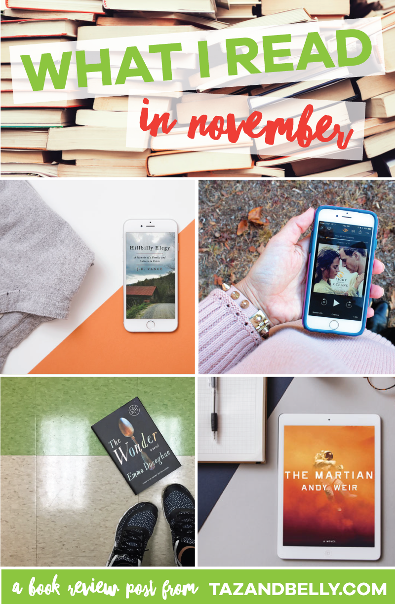 What I Read in November: Hillbilly Elegy, The Light Between Oceans, The Wonder & The Martian | tazandbelly.com