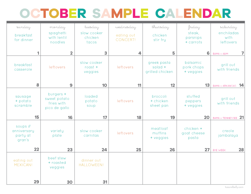 october sample meal plan calendar taz and belly meal planning calender